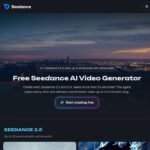 Seedance TV homepage with its AI video-generator headline, Seedance 2.5 notice and Start creating free button.