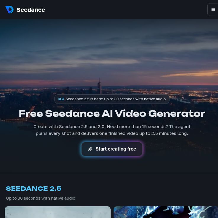Seedance TV homepage with its AI video-generator headline, Seedance 2.5 notice and Start creating free button.