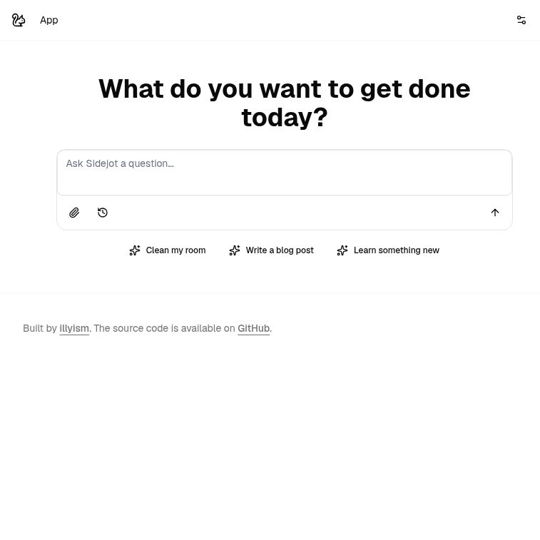 Sidejot homepage with its task-planning prompt, empty question box and three suggested starting tasks.