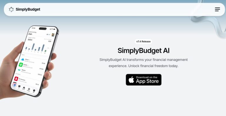 SimplyBudget AI official homepage with its logo, version 7.4 headline, public phone preview and App Store button