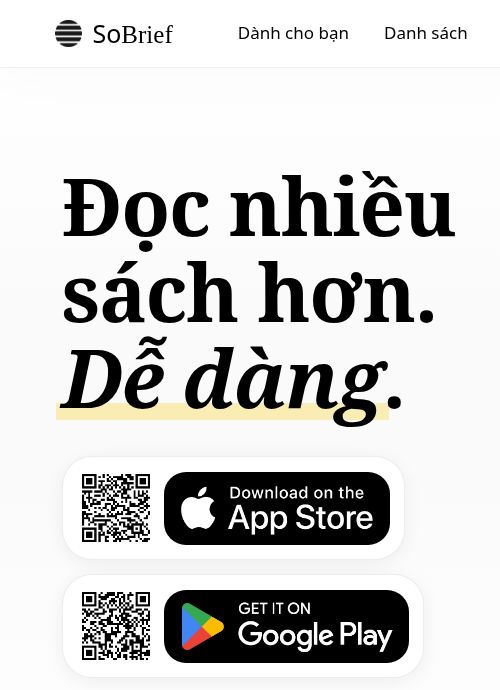 SoBrief official homepage in Vietnamese, showing its logo, reading headline and mobile app download links.