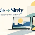 Editorial illustration of Sparkle becoming Sitely, with a laptop and tablet displaying abstract artwork.