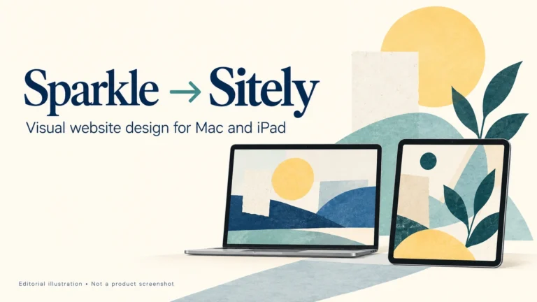 Editorial illustration of Sparkle becoming Sitely, with a laptop and tablet displaying abstract artwork.