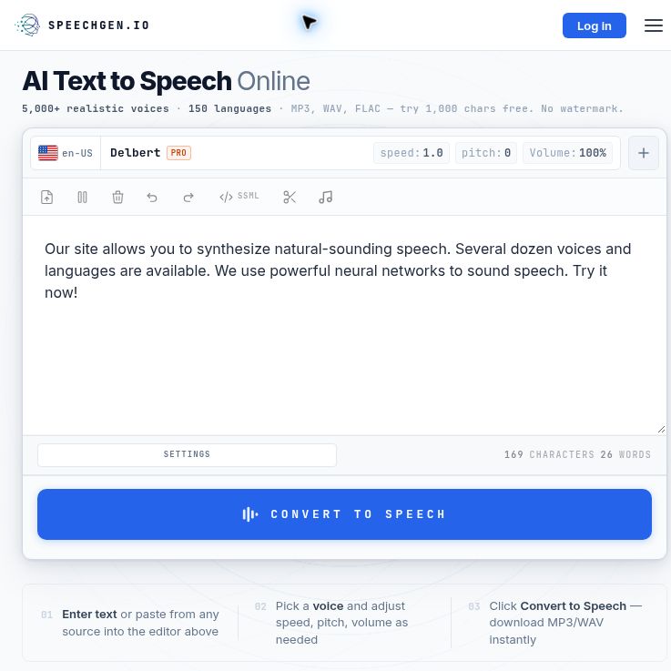 SpeechGen homepage showing its text-to-speech editor, Delbert voice controls and Convert to Speech button.