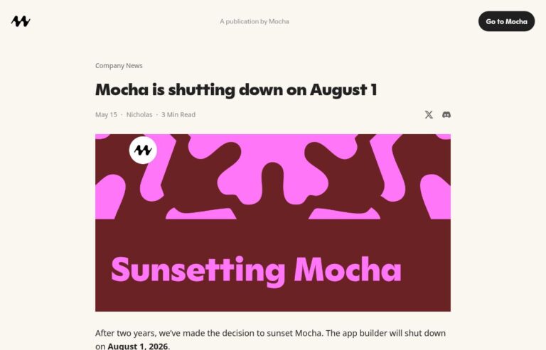 Mocha shutdown announcement with its August 1 headline and Sunsetting Mocha graphic.