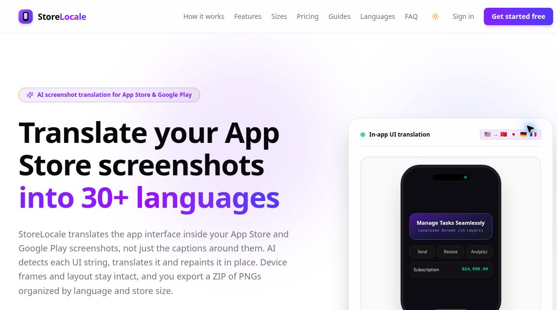 StoreLocale homepage showing screenshot translation and a sample mobile interface