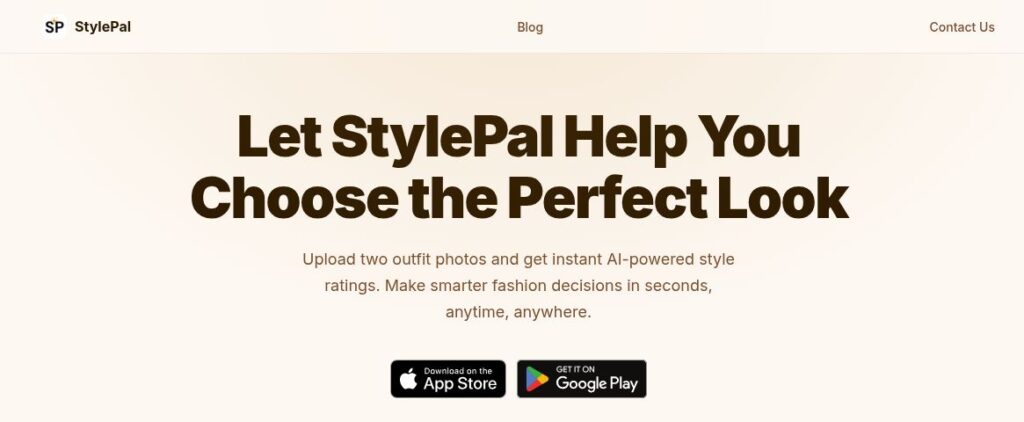 StylePal homepage with its outfit-choice headline, two-photo style-rating description and App Store and Google Play download links.