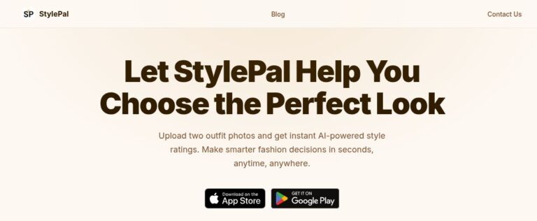 StylePal homepage with its outfit-choice headline, two-photo style-rating description and App Store and Google Play download links.