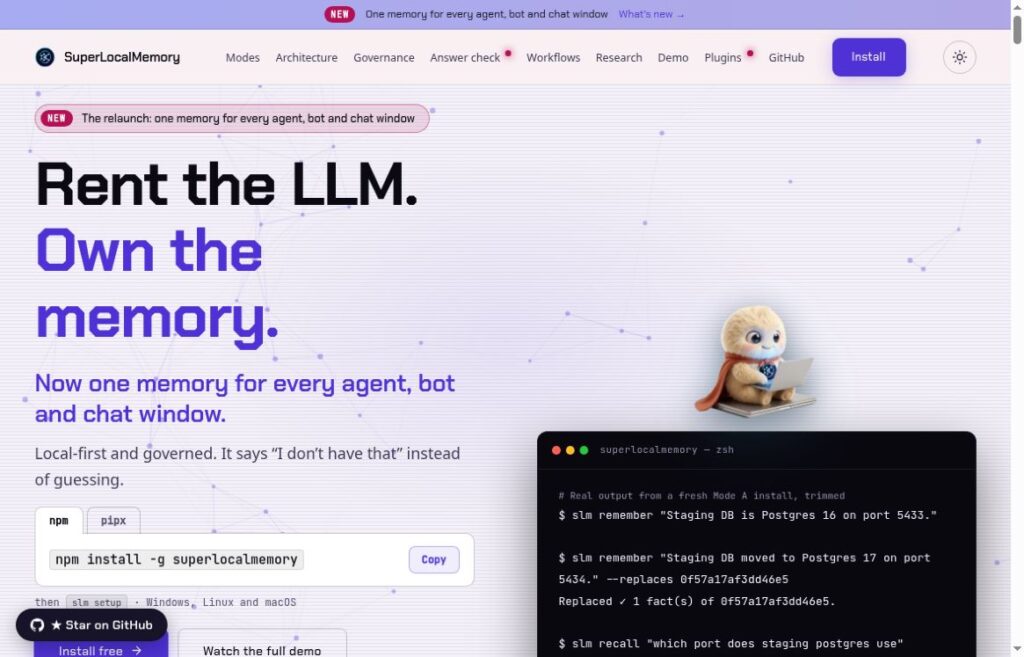 SuperLocalMemory official homepage presenting local-first agent memory and a vendor terminal example.