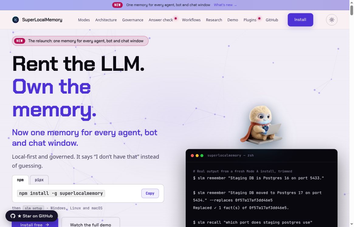 SuperLocalMemory: Local-First Memory for AI Agents 2 SuperLocalMemory official homepage presenting local-first agent memory and a vendor terminal example.