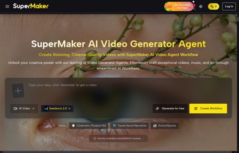 SuperMaker AI homepage showing its logo, video prompt box and Create Workflow button