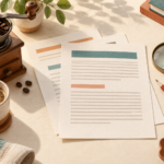 Manual coffee grinder and cup beside overlapping editorial pages, a magnifying glass and a red pencil.