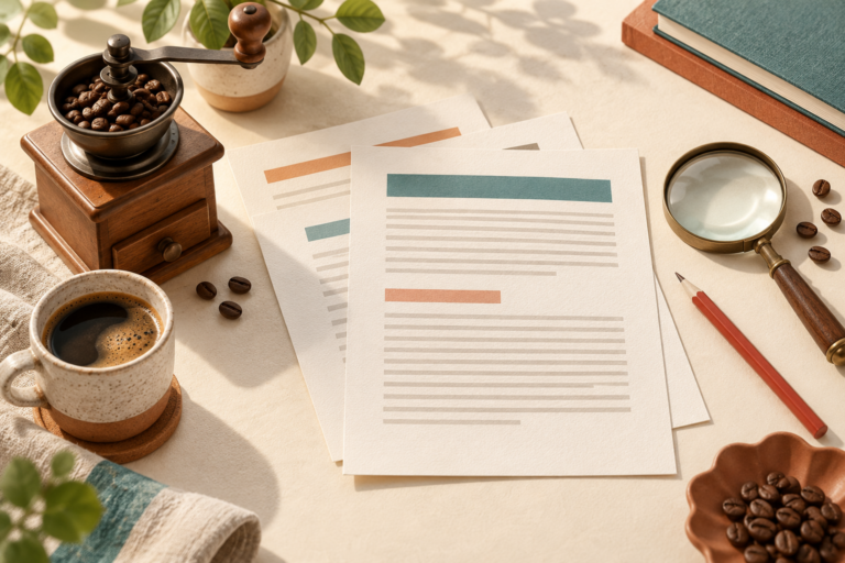 Manual coffee grinder and cup beside overlapping editorial pages, a magnifying glass and a red pencil.