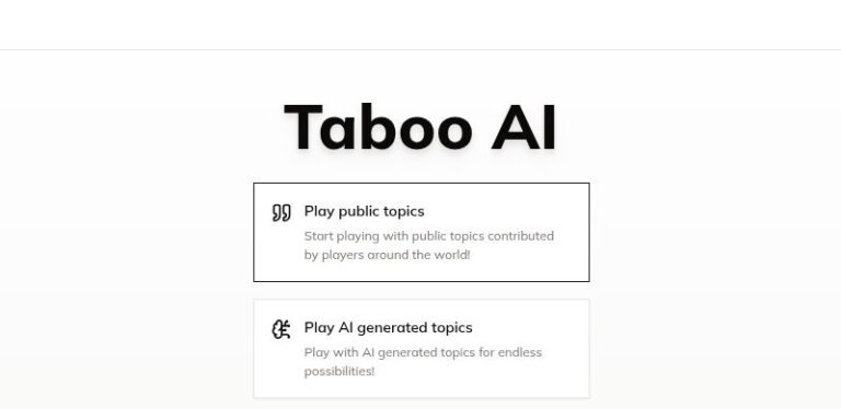 Taboo AI homepage with links to public topics and AI-generated topics.