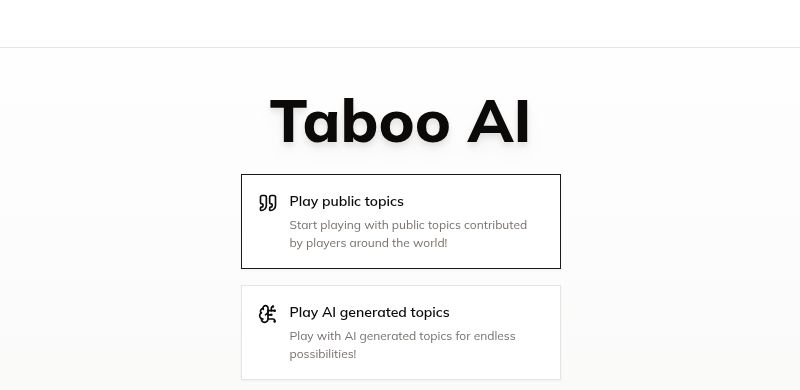 Taboo AI homepage with links to public topics and AI-generated topics.