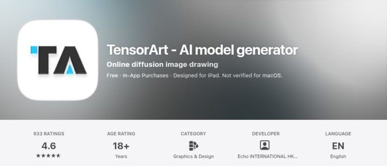 Tensor AI 5 TensorArt app icon, name, subtitle and store-information row in its official US App Store listing
