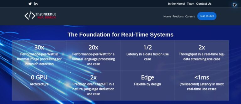 ThatNeedle AI 2 ThatNeedle company homepage with its logo, real-time systems headline and eight-cell provider performance table