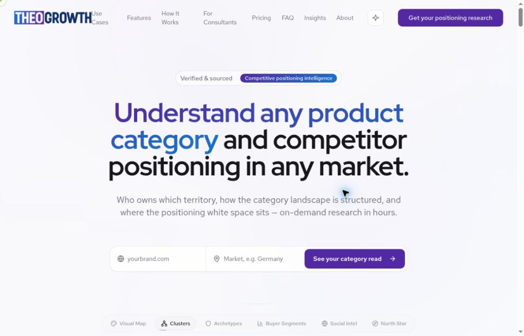 THEO Growth homepage showing its competitive-positioning headline and empty brand and market fields.