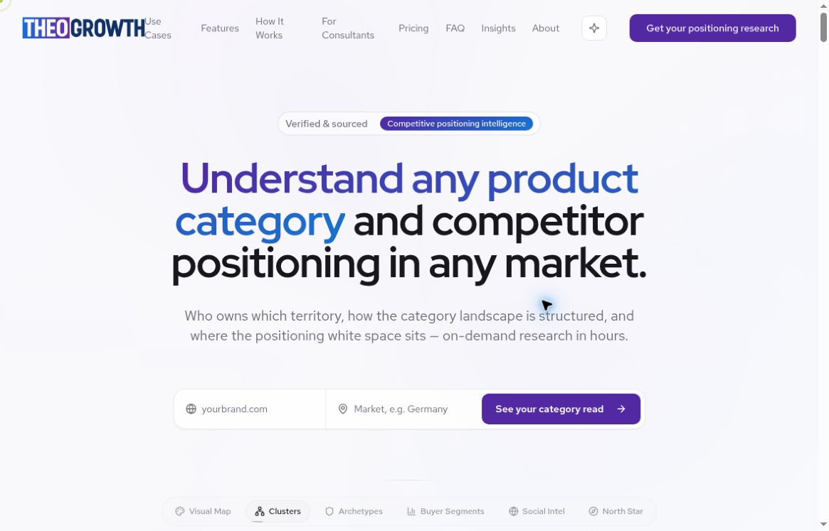 THEO Growth homepage showing its competitive-positioning headline and empty brand and market fields.