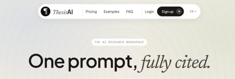 ThesisAI wordmark and “One prompt, fully cited.” headline on its official homepage
