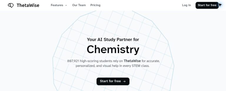 ThetaWise official homepage with complete navigation, AI study-partner headline showing Chemistry, vendor student-count paragraph and Start for free button