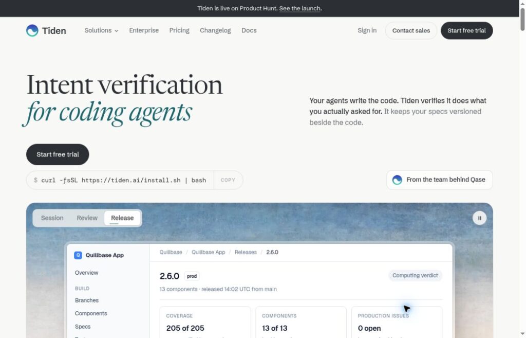Tiden: Intent Verification for AI Coding Agents 4 Tiden official homepage presenting intent verification for coding agents, its CLI and a release-verdict example