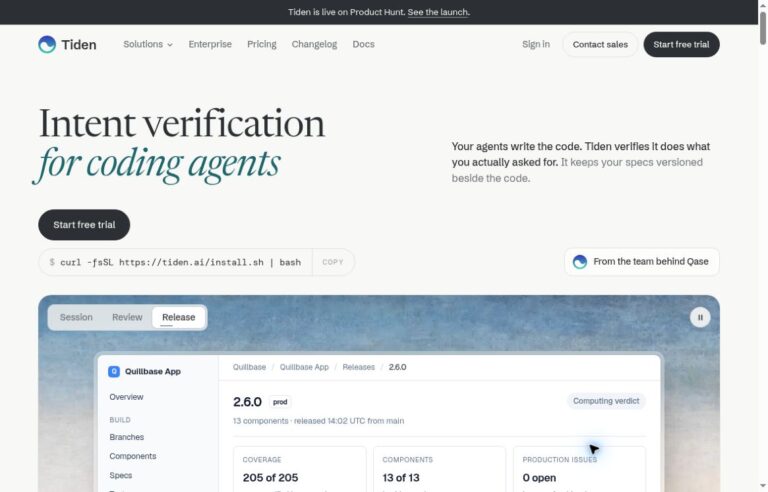 Tiden official homepage presenting intent verification for coding agents, its CLI and a release-verdict example