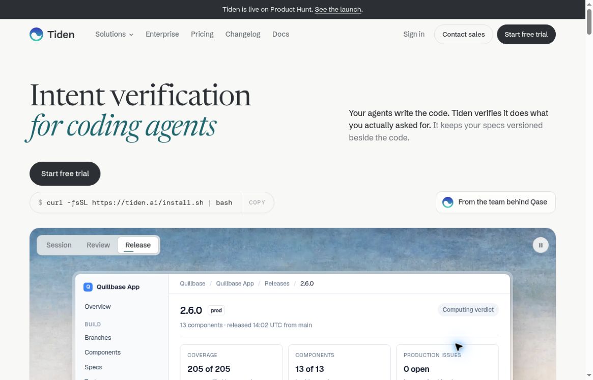 Tiden: Intent Verification for AI Coding Agents 2 Tiden official homepage presenting intent verification for coding agents, its CLI and a release-verdict example