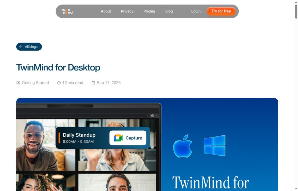 TwinMind for Desktop: AI Meeting Notes and Dictation 3 TwinMind for Desktop official guide header and product illustration on the TwinMind website.