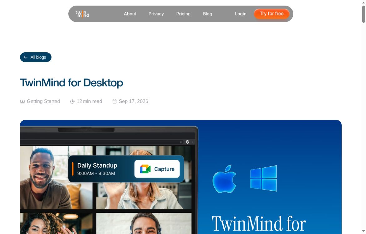 TwinMind for Desktop: AI Meeting Notes and Dictation 2 TwinMind for Desktop official guide header and product illustration on the TwinMind website.
