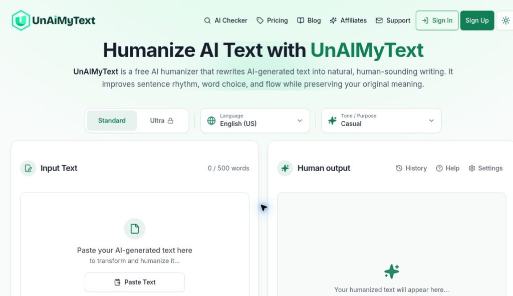 UnAIMyText homepage with Standard mode, English and tone controls, a 500-word input limit and an empty output panel.