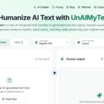 UnAIMyText homepage with Standard mode, English and tone controls, a 500-word input limit and an empty output panel.