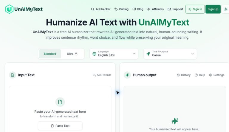 UnAIMyText homepage with Standard mode, English and tone controls, a 500-word input limit and an empty output panel.