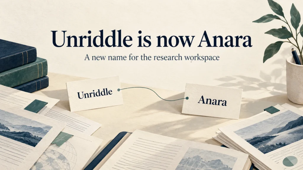 Unriddle (now Anara) 10 Unriddle is now Anara, illustrated by connected name cards on a research desk.