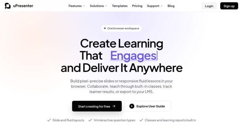 uPresenter official homepage with the headline “Create Learning That Engages and Deliver It Anywhere” and slide, fluid-layout and interactive-question features.