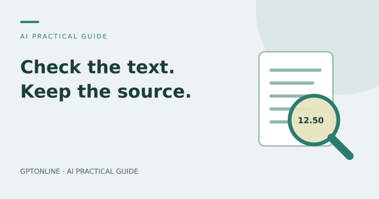 Editorial illustration of a document, a magnifying glass, and the words Check the text. Keep the source.