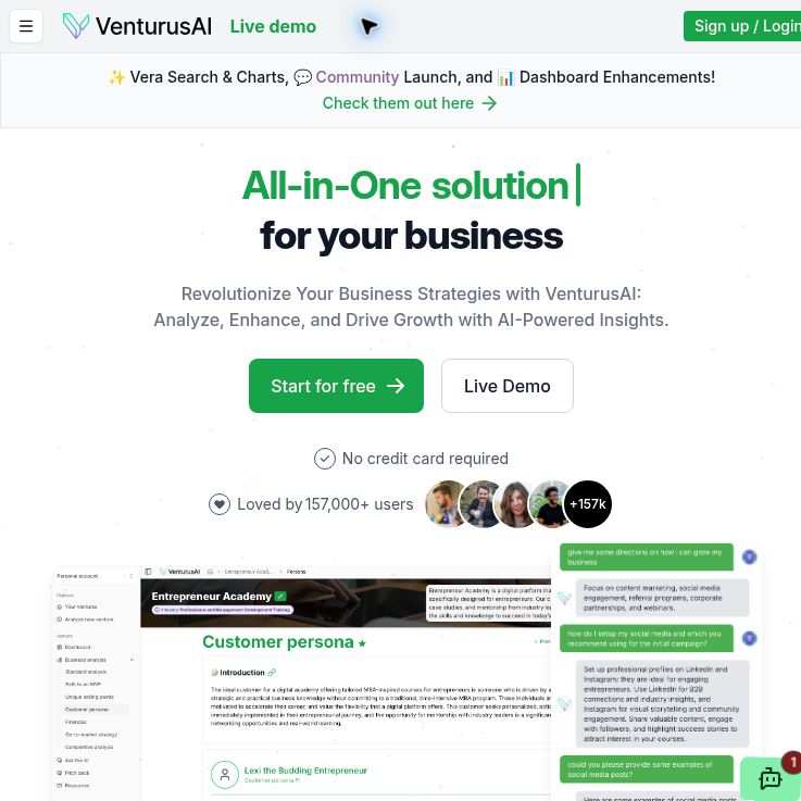 VenturusAI homepage with its business-analysis headline, Start for free button and vendor report preview.