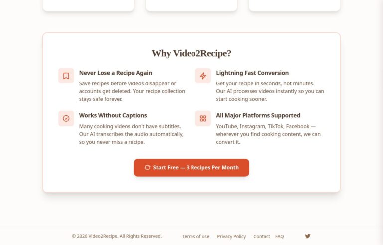 Official Video2Recipe homepage showing its named feature section and free-plan button