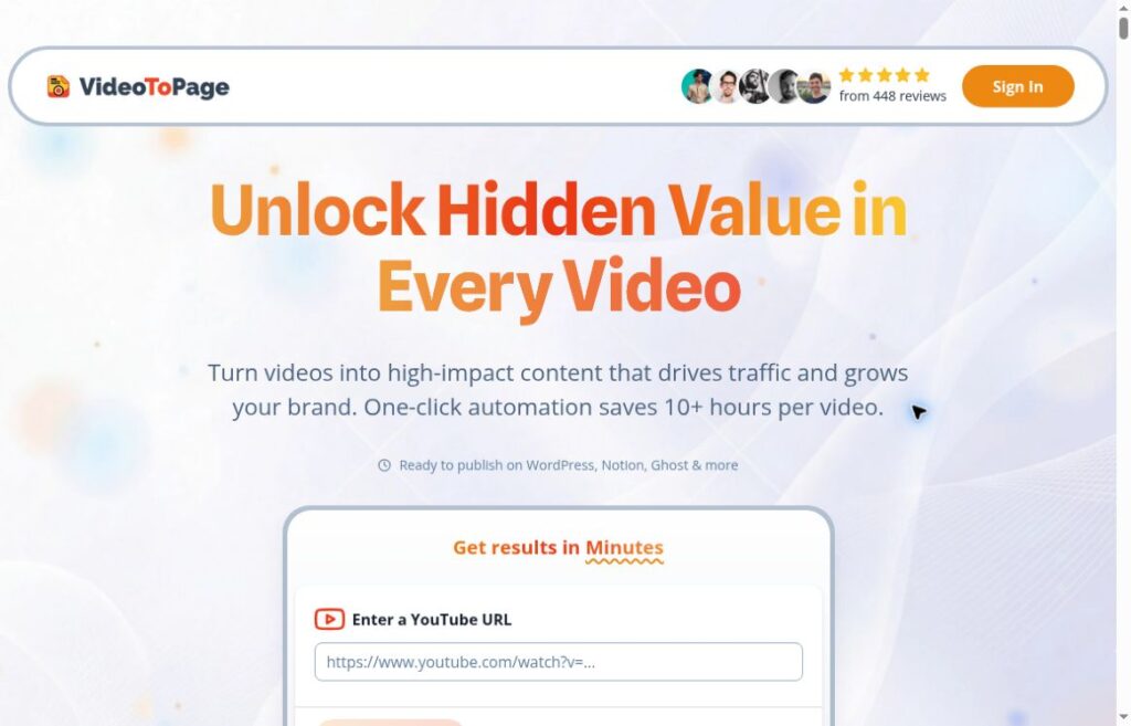 Official VideoToPage homepage screenshot