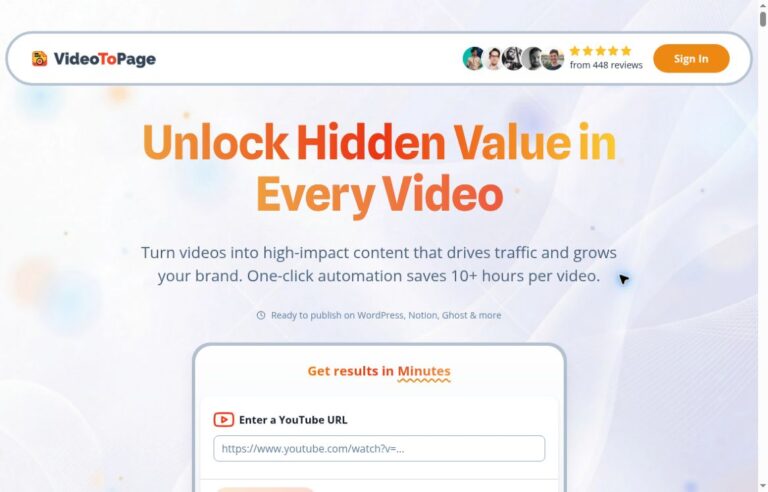 Official VideoToPage homepage screenshot