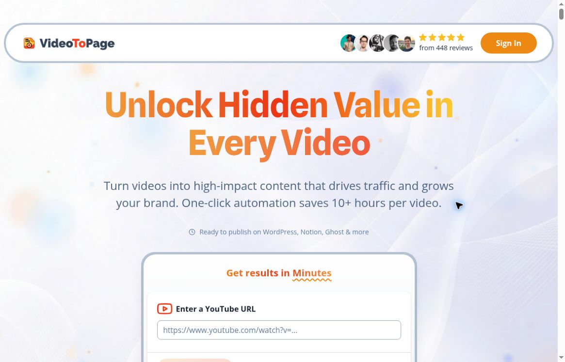 Official VideoToPage homepage screenshot