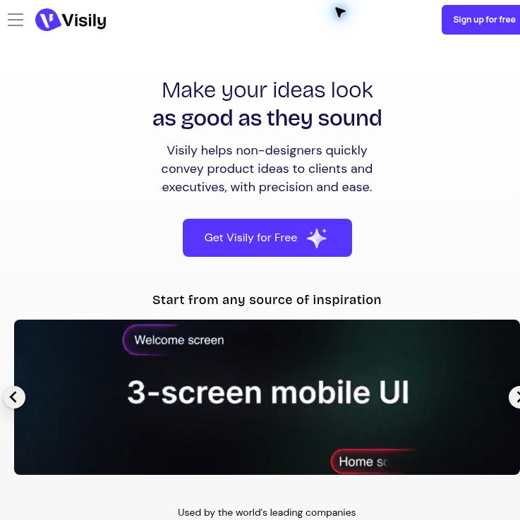 Visily homepage with its product-ideas headline, Get Visily for Free button and a vendor demonstration preview.