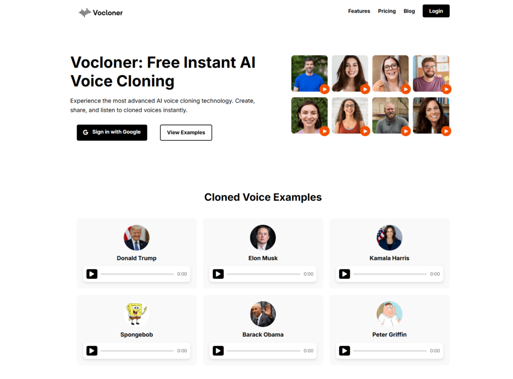 Archived Vocloner homepage with sign-in button and labeled voice-demo cards