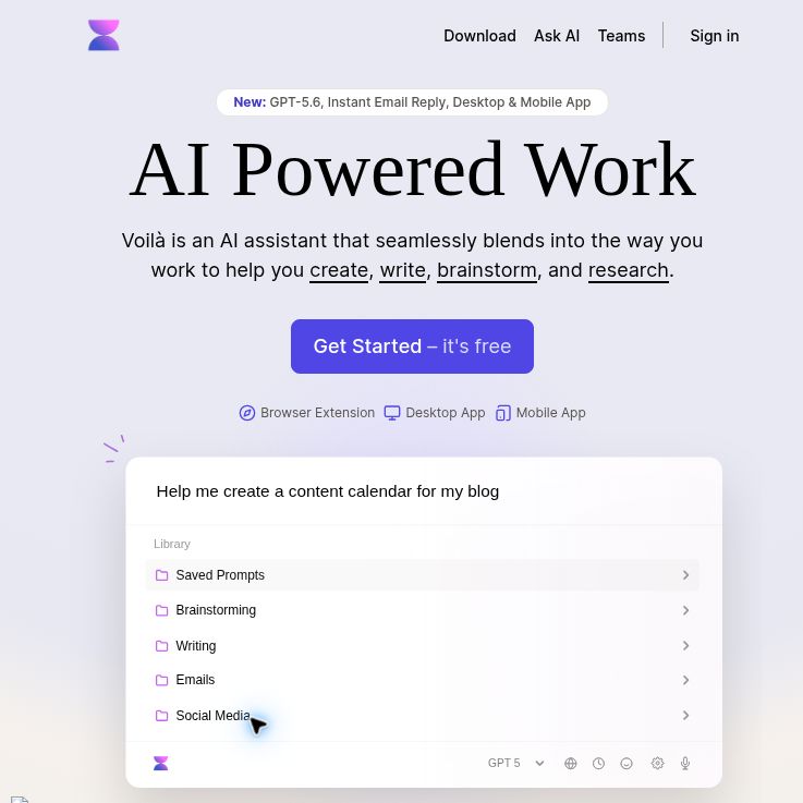Voilà homepage with its AI-work headline and public prompt-library preview.