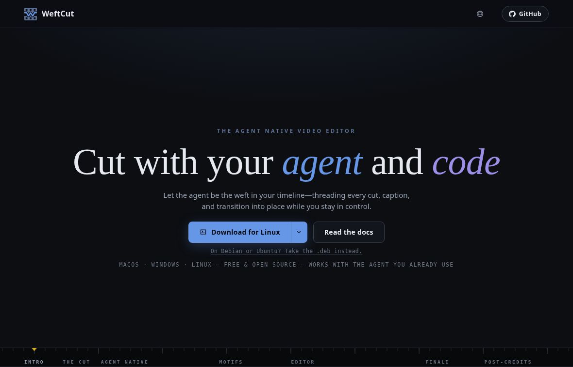 WeftCut: An Open-Source Video Editor for AI Agents 2 WeftCut official homepage showing its agent-native video editor headline and desktop download options.