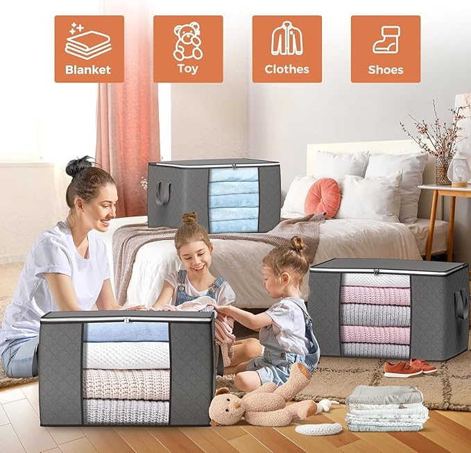 90 L Large Storage Bags, 6 Pack Clothes Storage Bins Foldable Closet Organizers Storage Containers with Reinforced Handle for Clothing, Blanket, Comforters, Bed Sheets, Pillows and Toys