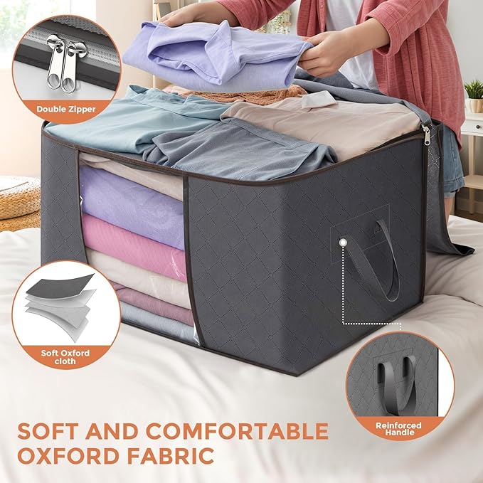 90 L Large Storage Bags, 6 Pack Clothes Storage Bins Foldable Closet Organizers Storage Containers with Reinforced Handle for Clothing, Blanket, Comforters, Bed Sheets, Pillows and Toys