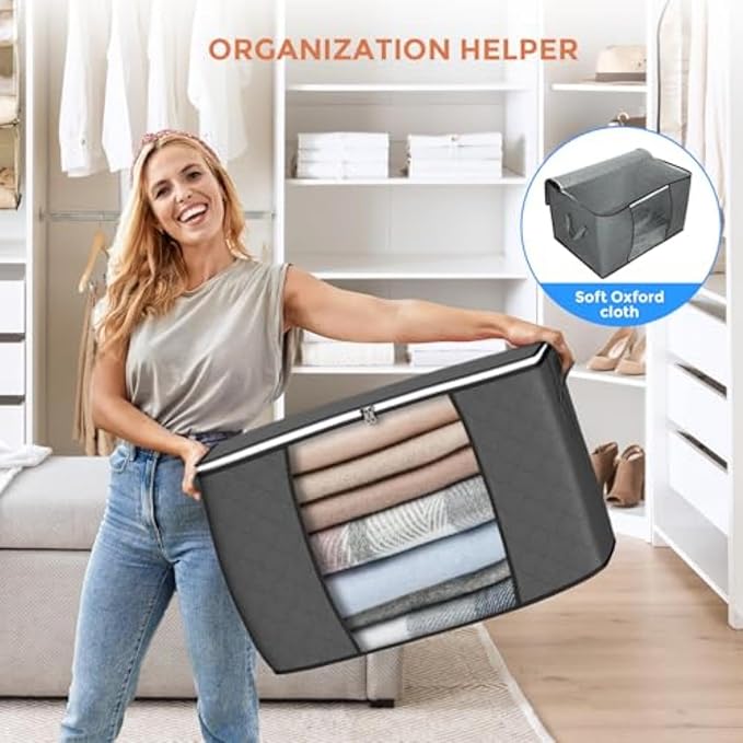 90 L Large Storage Bags, 6 Pack Clothes Storage Bins Foldable Closet Organizers Storage Containers with Reinforced Handle for Clothing, Blanket, Comforters, Bed Sheets, Pillows and Toys