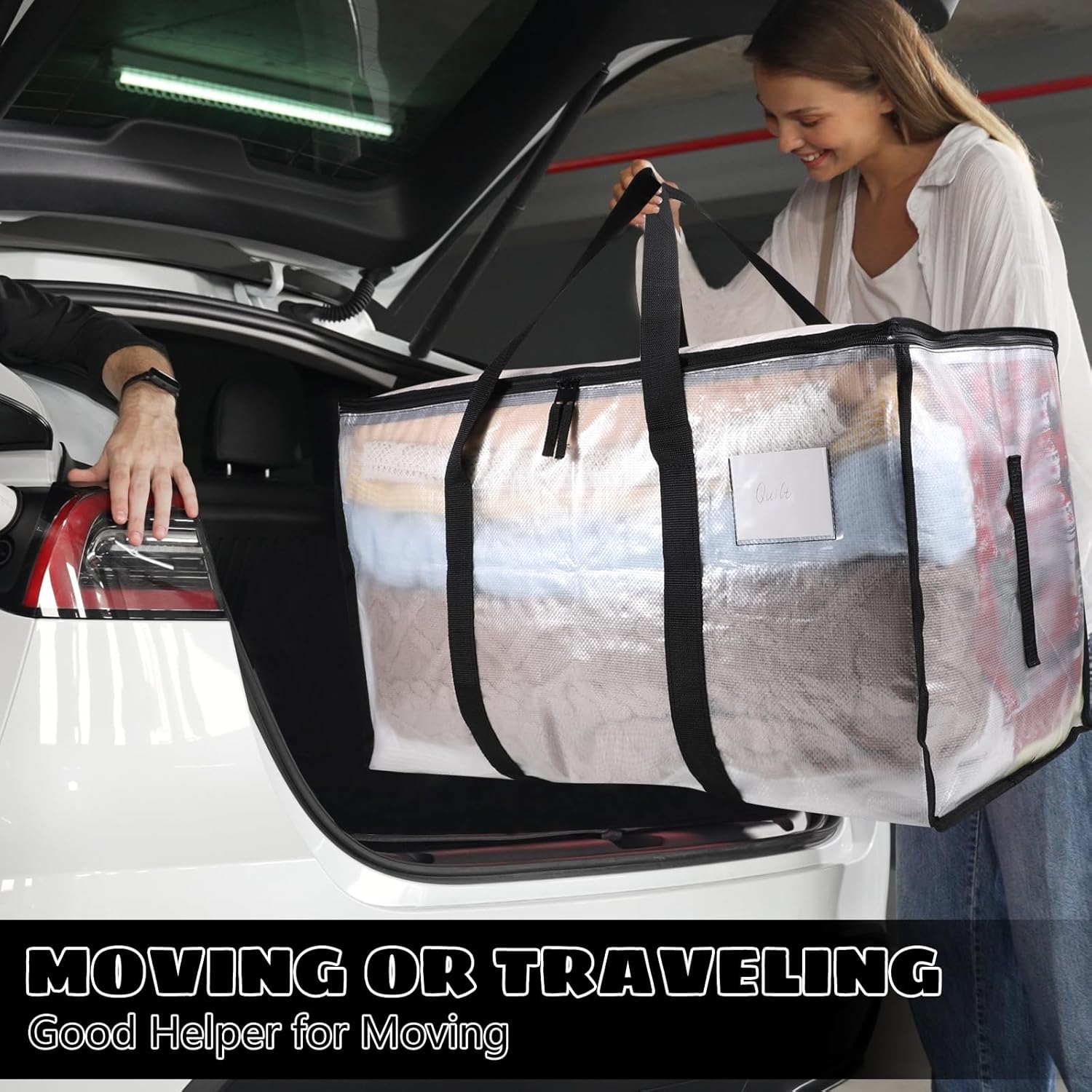 6 Pack 85L Moving Bags, Heavy Duty Moving Totes, Clear Waterproof Storage Bag with tag Window, Large Packing Bags with Zips for Clothes Storage Moving Travelling Camping