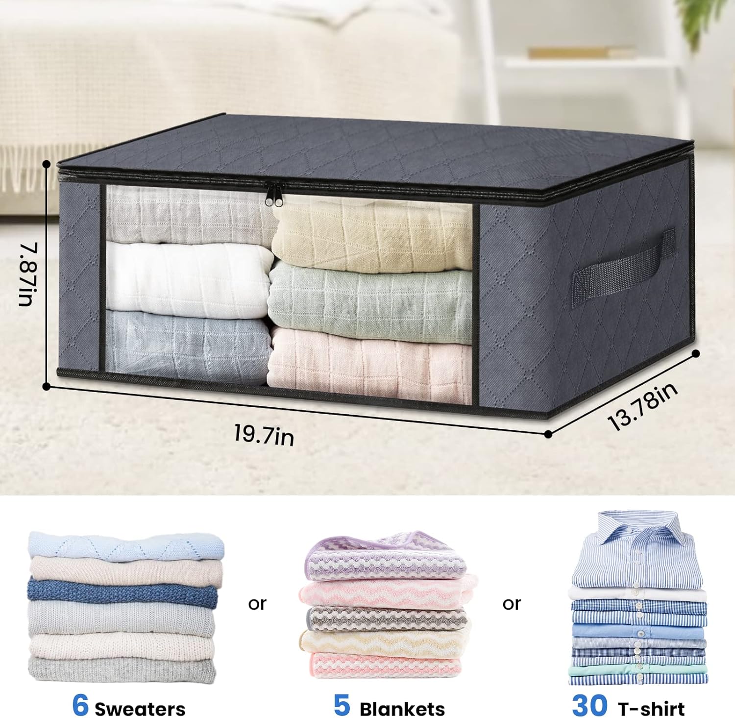 HomeHacks Storage 3-Pack Clothes Organizer Storage Bags Foldable Storage Box with Large Clear Window Sturdy Handles for Closet